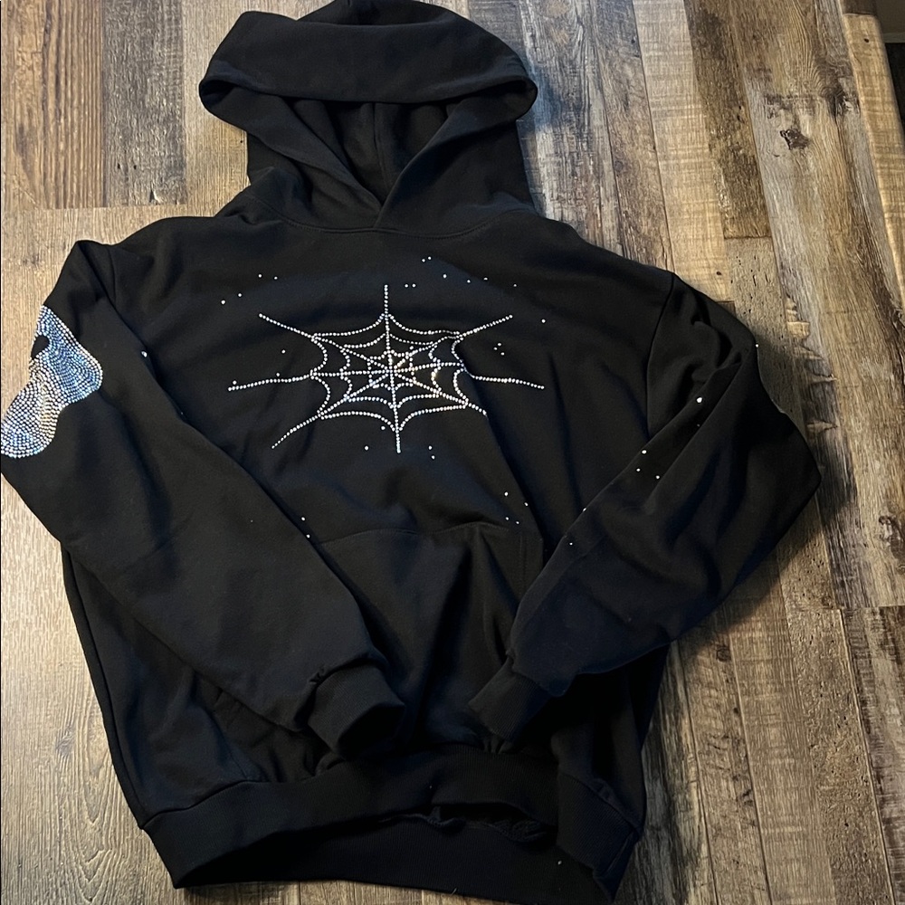 Men's Black Turtleneck Sweater with Rhinestone Spiderweb Detail